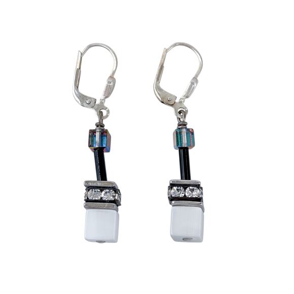 Estate Sterling Silver 925 Geometric Crystal Leverback Earrings - Picture 4 of 7